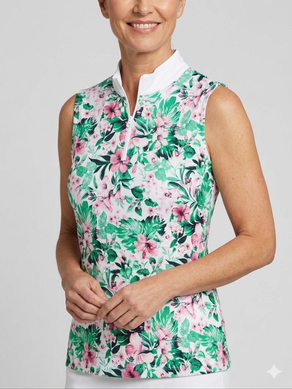 Tommy Bahama Golf Sleeveless Floral Quarter Zip Polo Shirt Top Large Pink Green